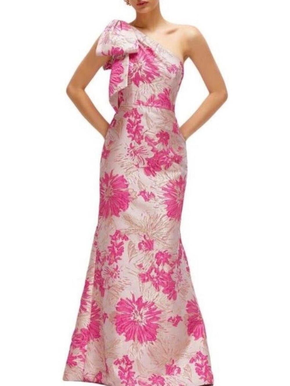 New Alfred Sung One-Shoulder Metallic Floral Jacquard Trumpet Gown In Pink Sz 6